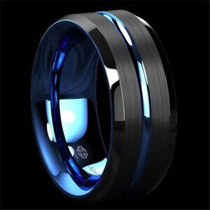 Men's Wedding Band - Blue Line Black Brushed Ring for Men and Women